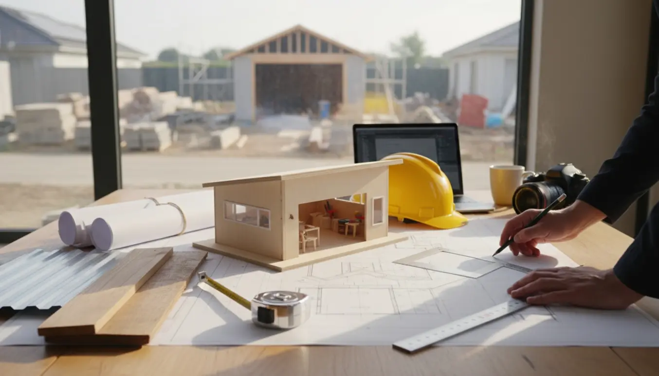 Skrivebord med byggeplaner, skala‑model af en garage, hjelm og målebånd i blødt dagslys.