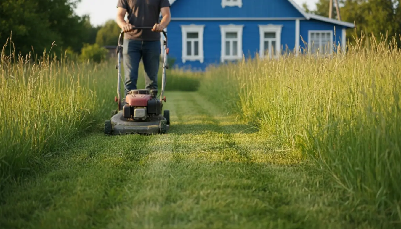 En plæneklipper skærer højt græs foran et blåt træhus, med afklippet græs spredt på plænen.