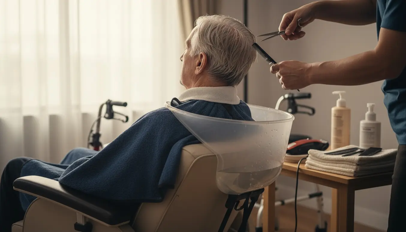 Ældre mand i stol får hårvask og herreklip hjemme, med frisørens hænder og vaskeskål synlige.