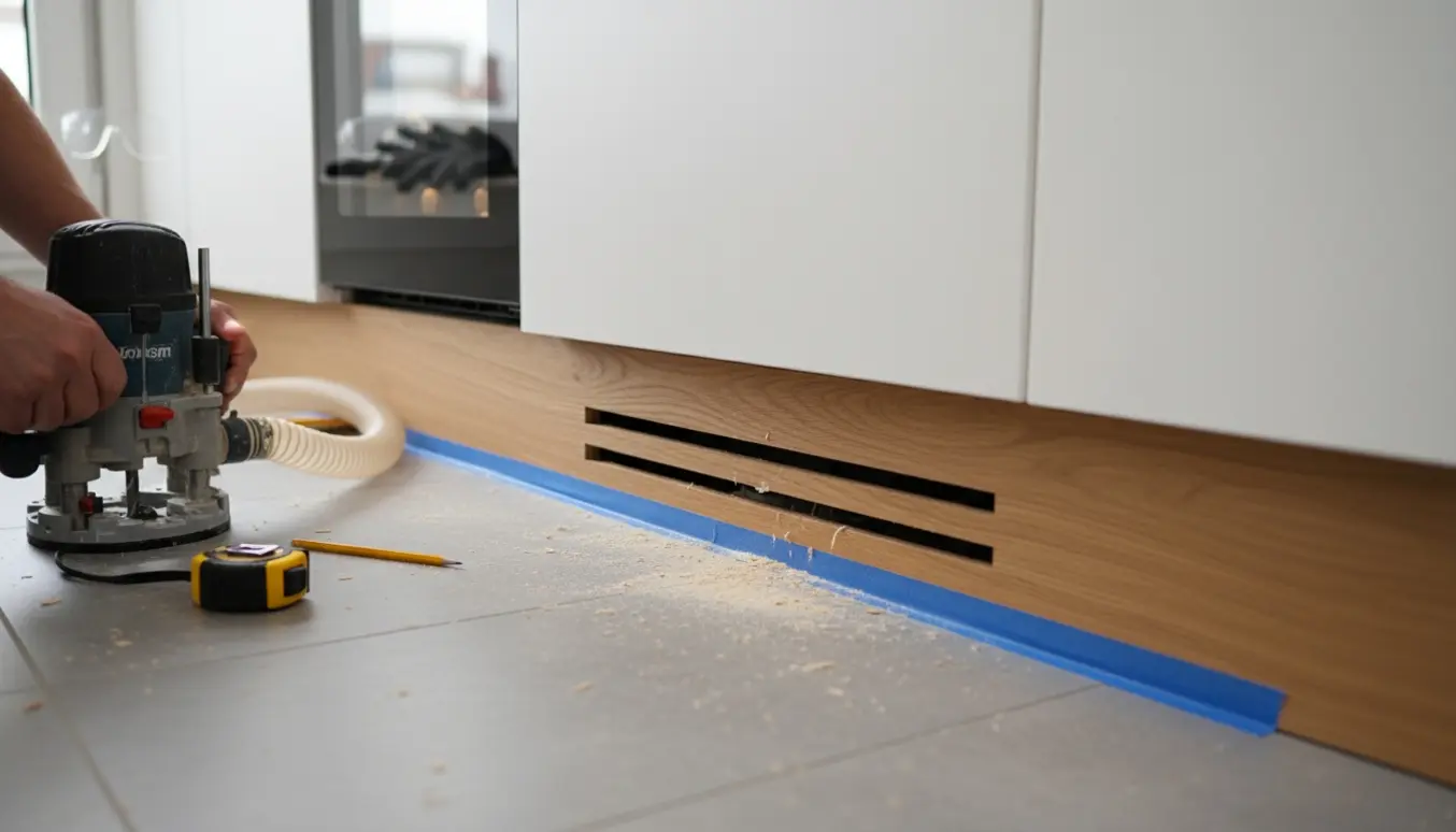 Tæt foto af en køkkensokkel med fræsede ventilationsspalter ved et vinkøleskab og værktøj omkring.