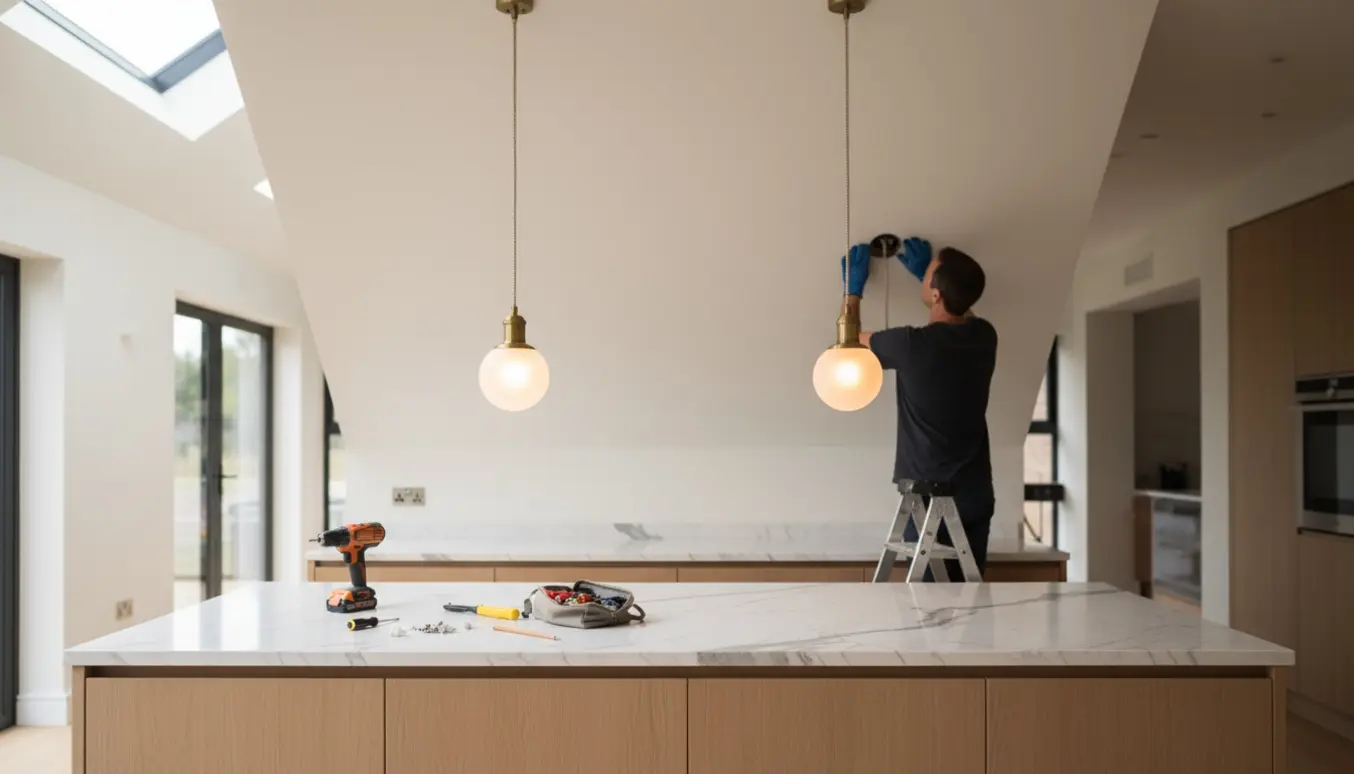 To pendellamper hænges op over en køkkenø under en skråvæg med værktøj på bordet.