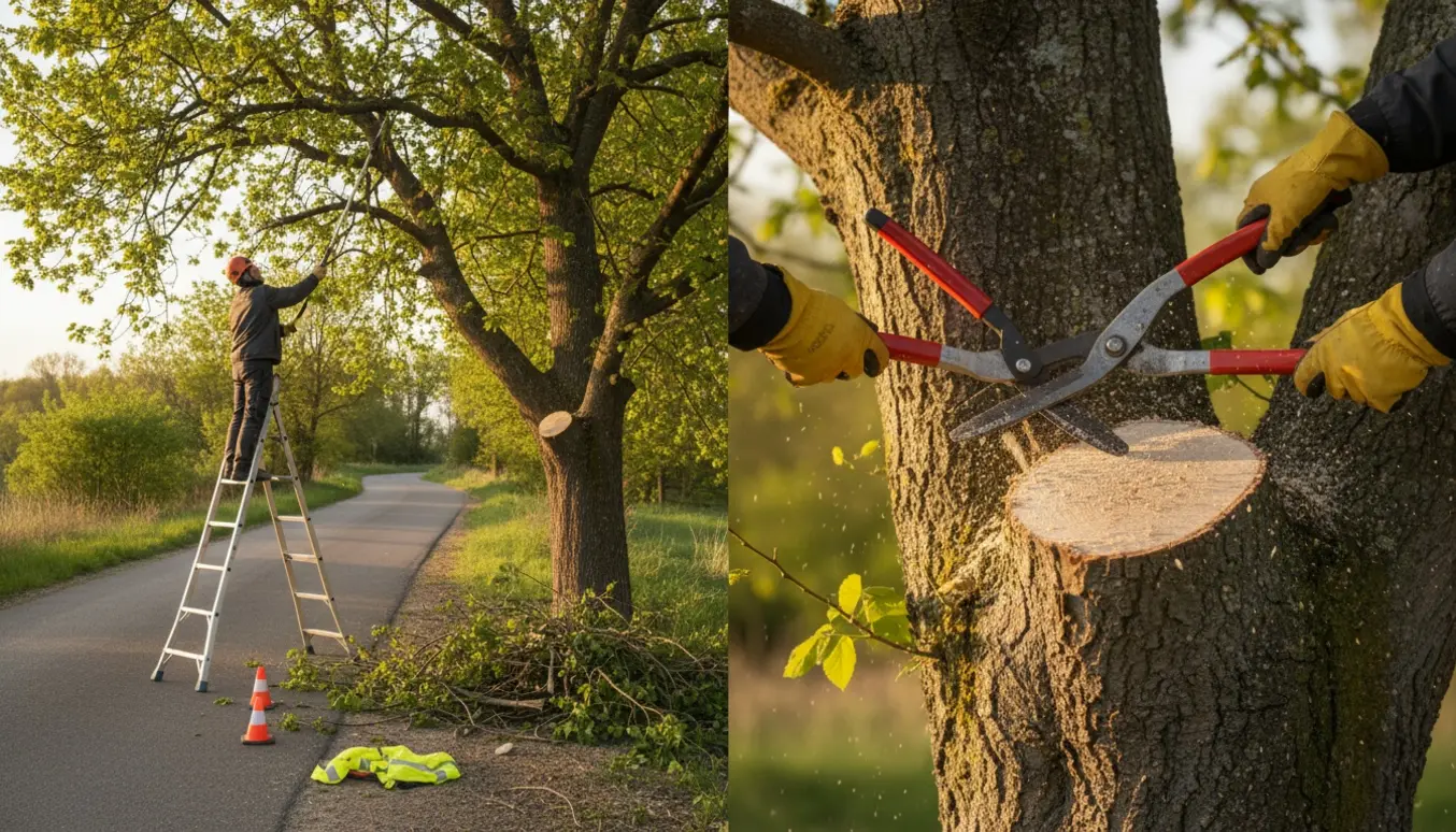 En beskæringsarbejder set bagfra fjerner grene, så et træ ikke hænger ud over en vej.