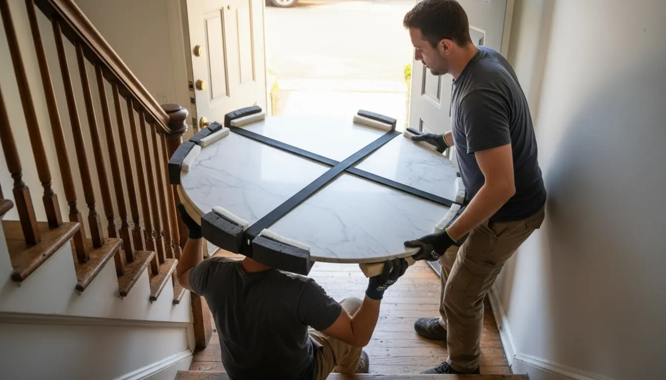 To personer løfter en tung, rund marmorbordplade op ad en smal trappe mod anden sal med flyttestropper og beskyttelsesmåtter.