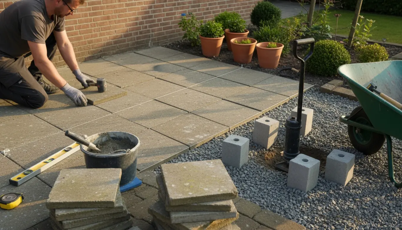 Nærbillede af fliselægning på en lille terrasse med stabler af brugte fliser og en stolpesten klar til nedstøbning.