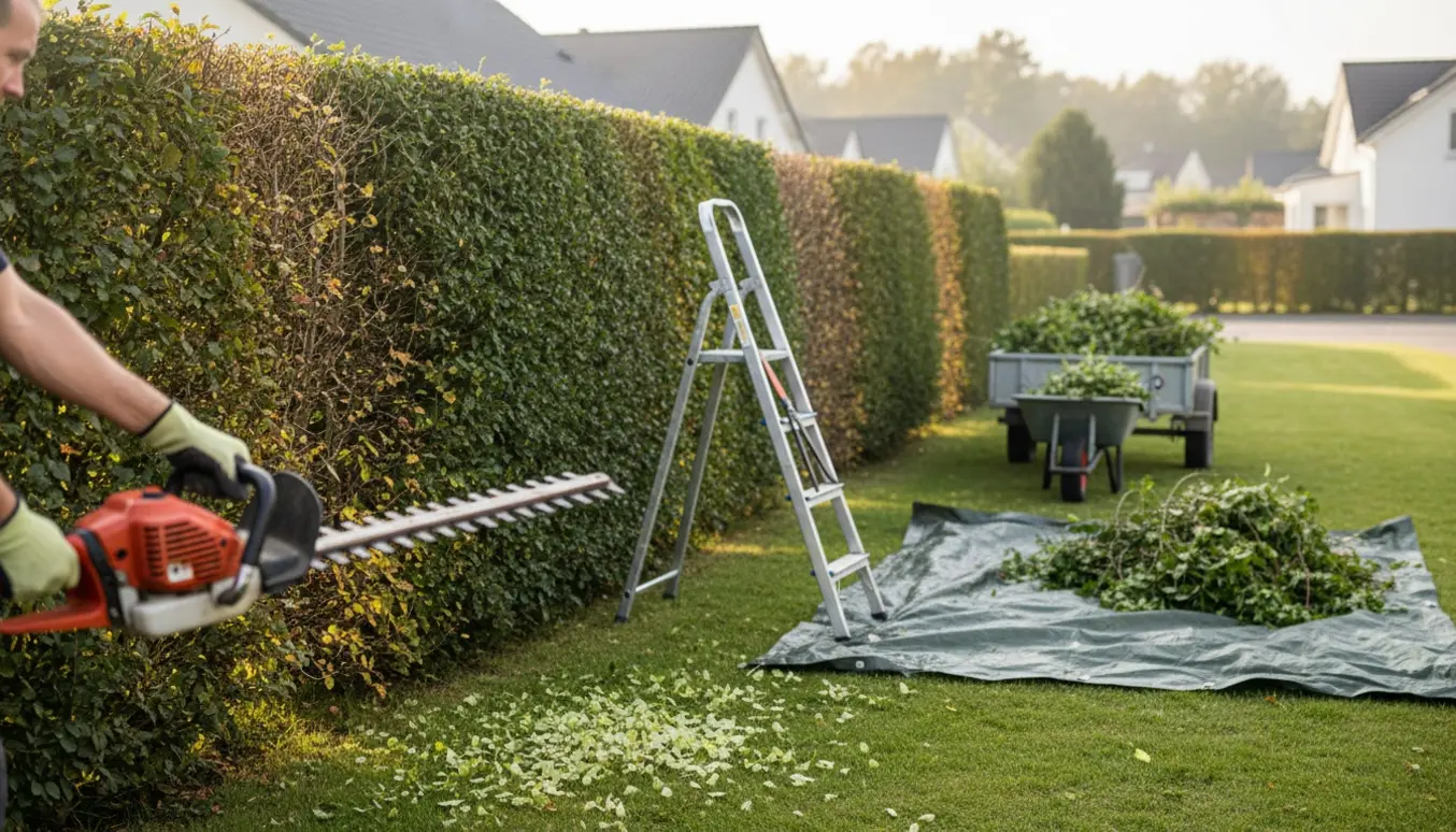 Stor bøgehæk klippes med beskæringsmaskine, og grene lægges i trillebør og trailer.