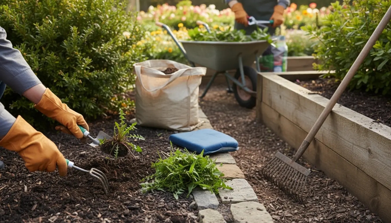 Handskerede hænder fjerner ukrudt fra højbede og beskærer en busk i en solrig have.