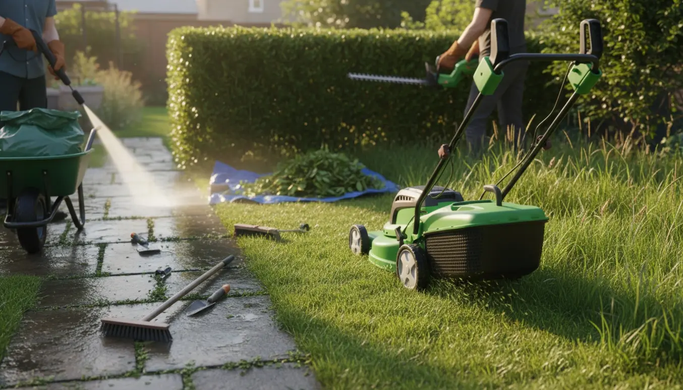 Haven ryddes med nyslået græs, nyklippet hæk, fjernet ukrudt og rensede fliser.