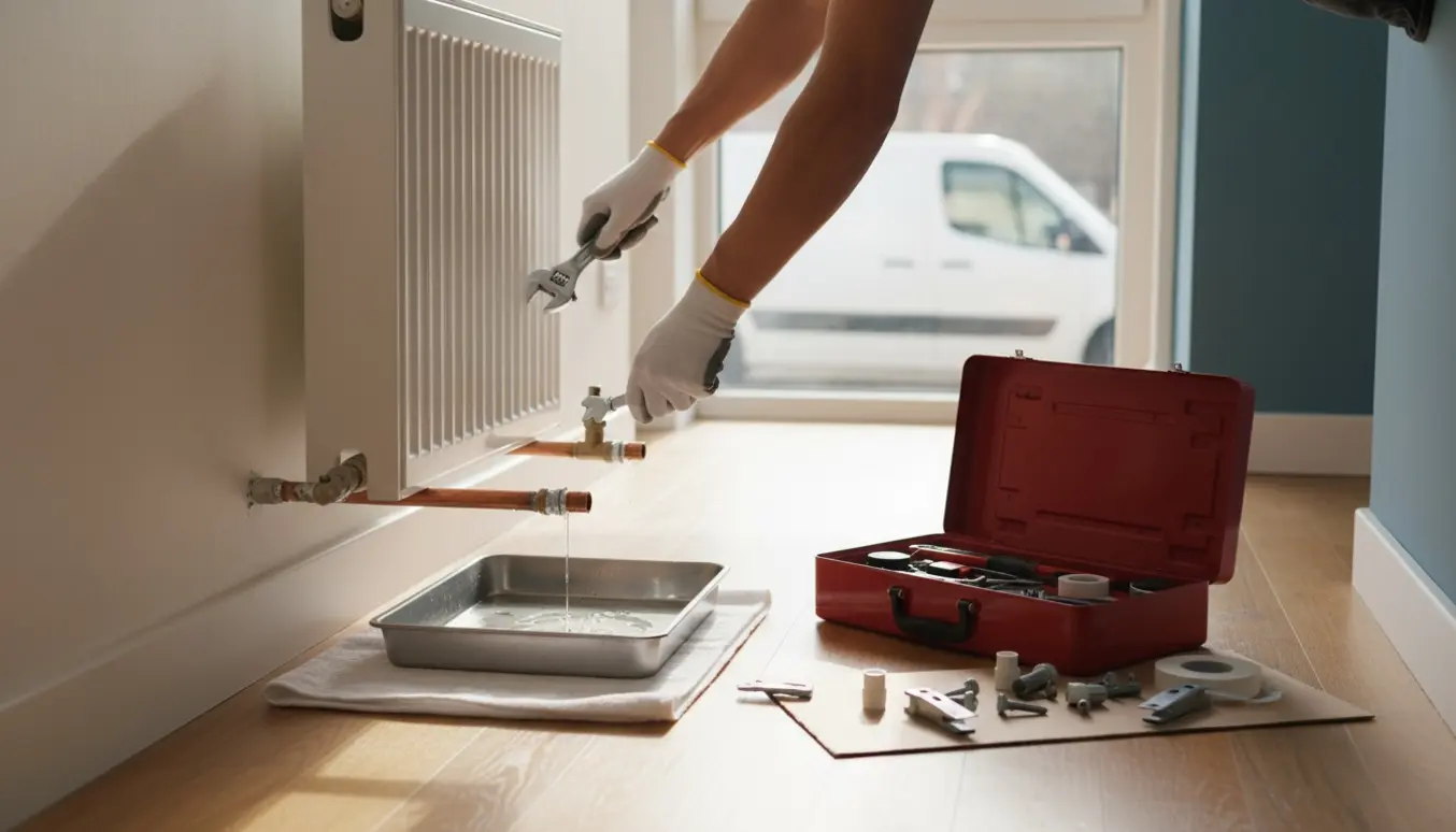 Delvist afmonteret radiator ved væg med værktøj og handsker klar til at blive kørt væk.