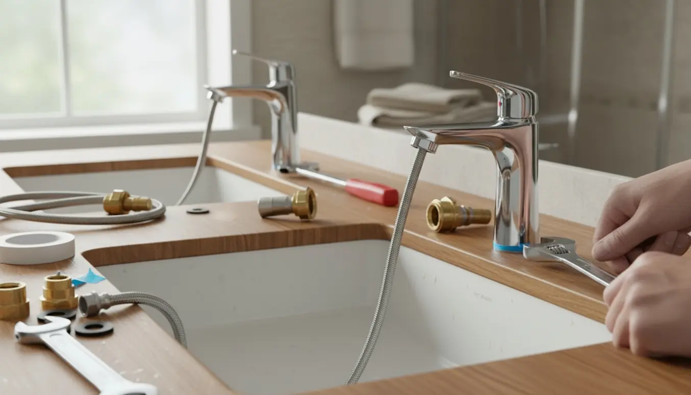 To nye krom-armaturer ved håndvaske med værktøj og løse fittings på bordpladen i et lyst badeværelse.