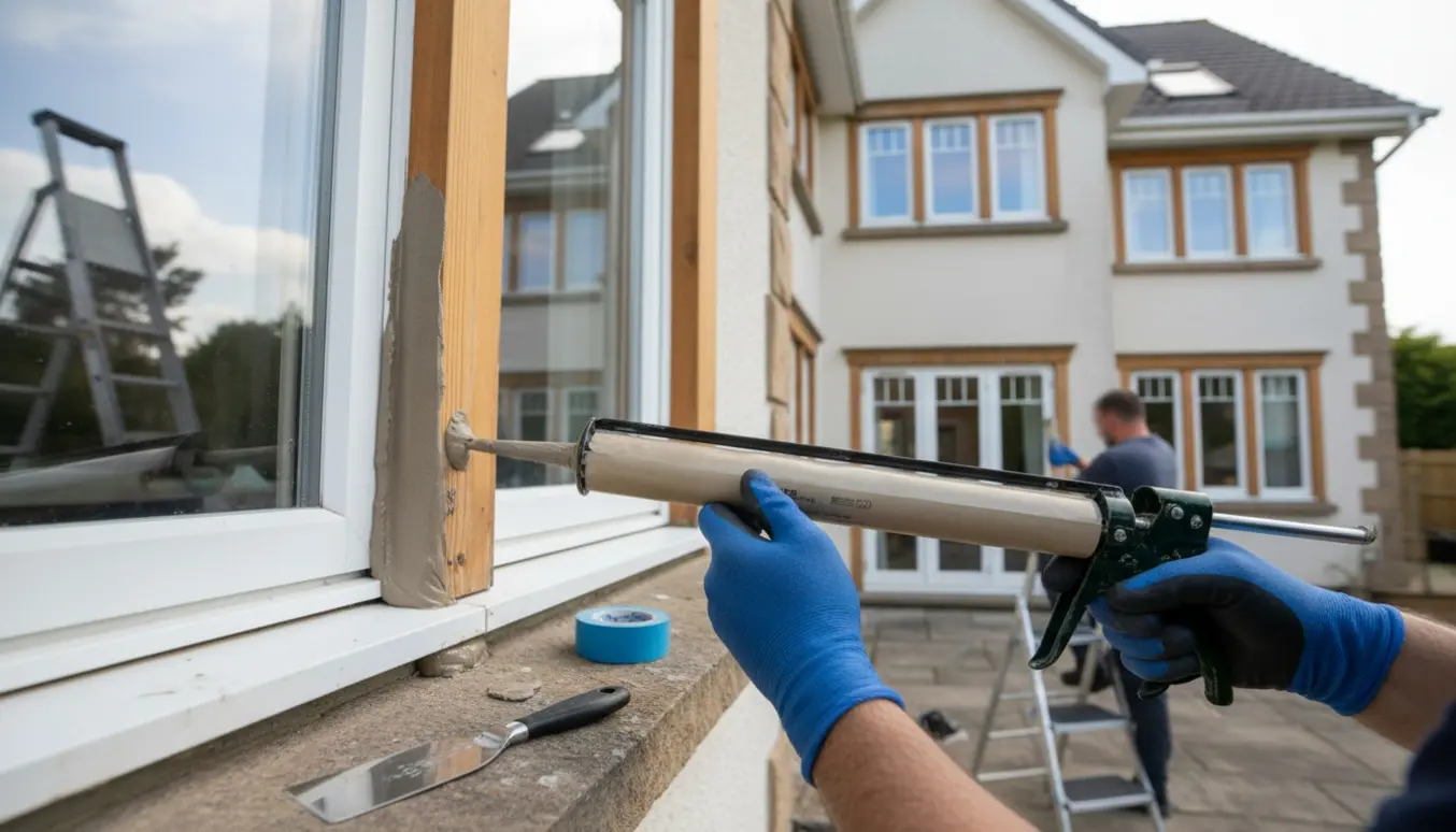Nærbillede af hænder, der fuger et vindue på en 3-etagers facade med stige og værktøj i baggrunden.