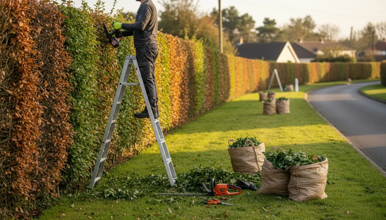 Lang bøgehæk under klipning med en person på en trappestige, hækkeklipper og fyldte affaldssække langs grøften.