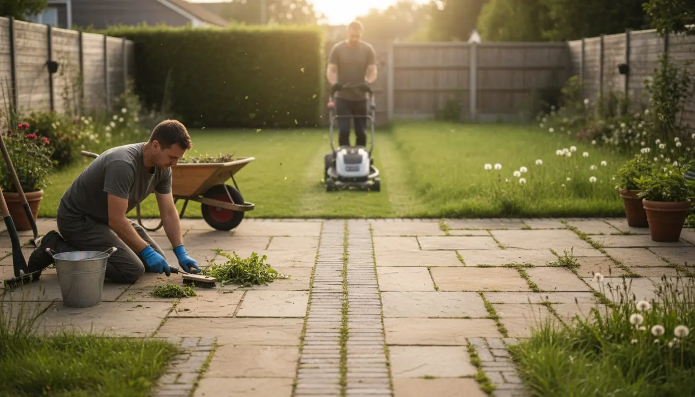 To havegange og et fliseområde hvor ukrudt fjernes, kanter ordnes og langt græs slås med plæneklipper.