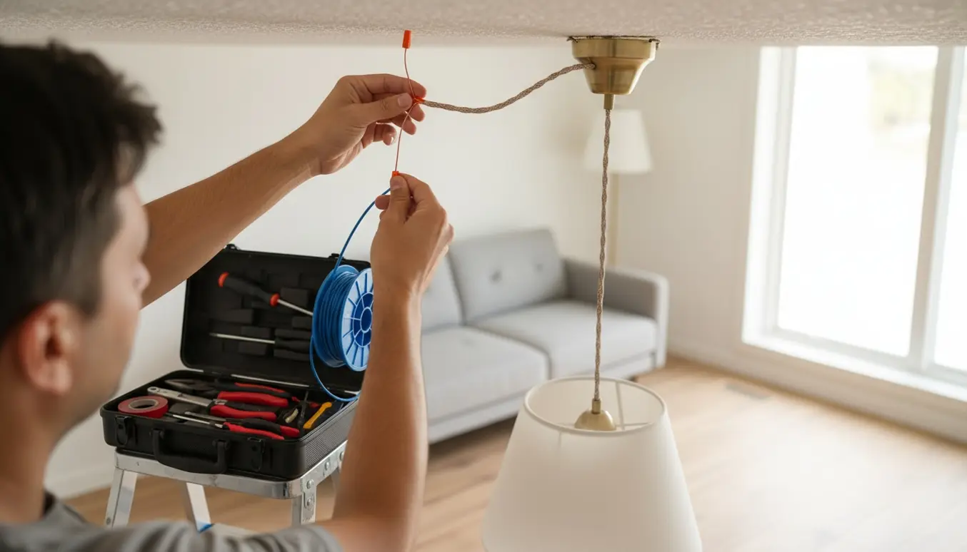 Person på stige forbinder nye ledninger til en loftlampe med værktøj og åben værktøjskasse.