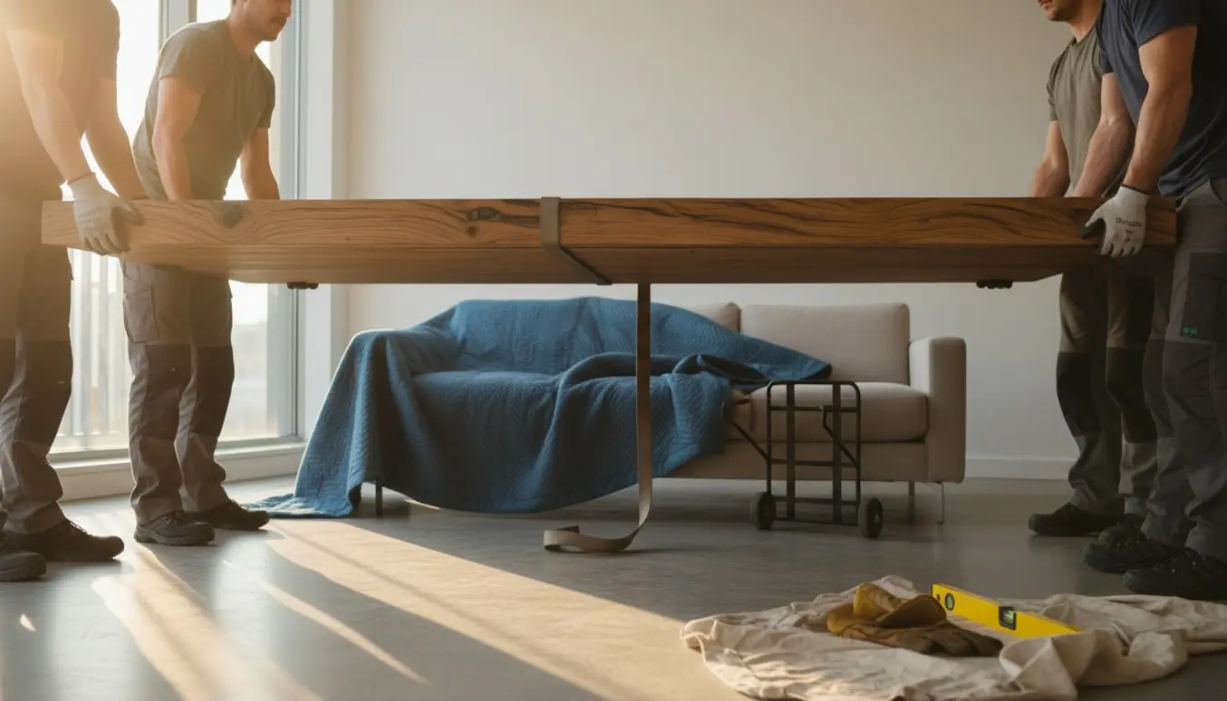 Flere hjælpere bærer en lang træbordplade i en lys lejlighed, kun arme og pladens overflade er tydeligt synlige.