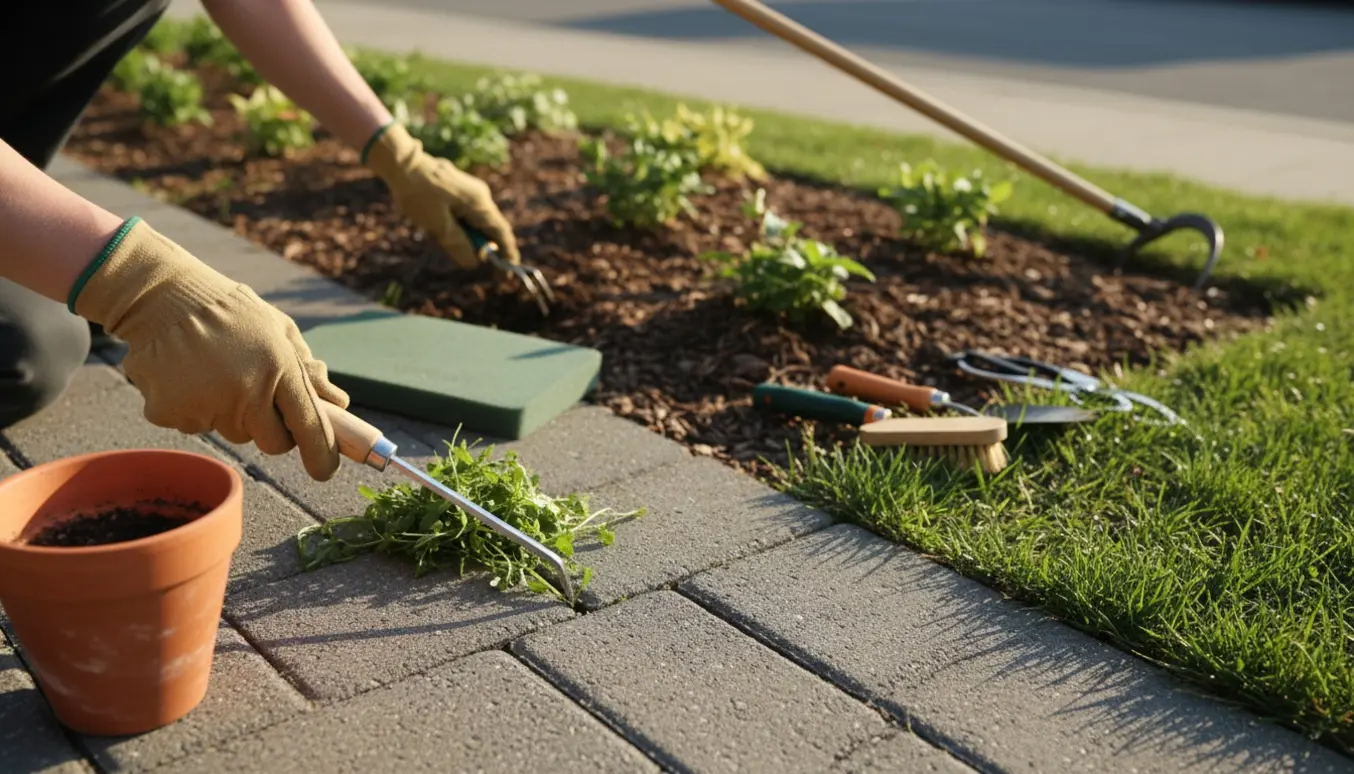 Nærbillede af handskerede hænder, der fjerner ukrudt mellem fliser ved en indgang og i et blomsterbed med haveredskaber i nærheden.