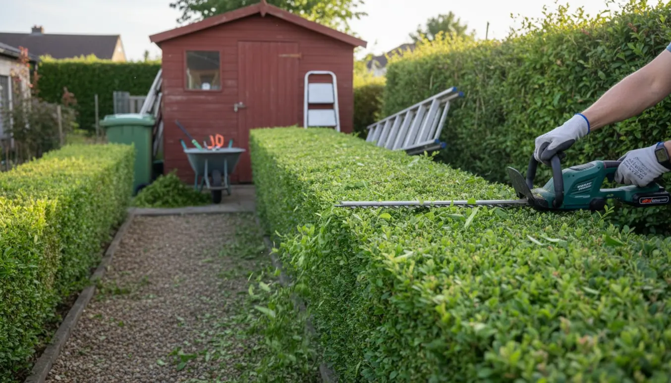 Nyklippet hæk i en kolonihave med hækkeklipper, haveaffaldscontainer og en pose friske kviste.