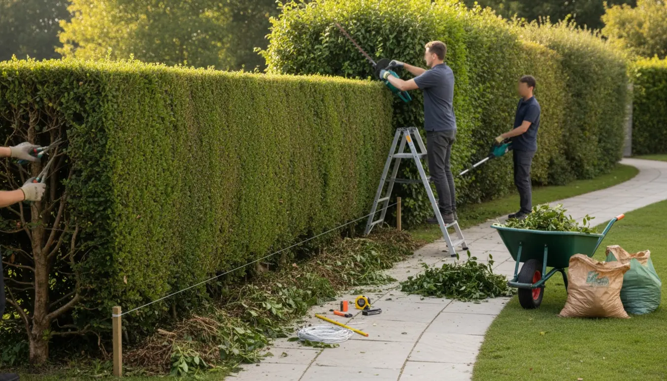 Lang hæk ved en have, hvor toppen og siderne bliver klippet ned med hækkeklipper, stige og bunker af afklip.