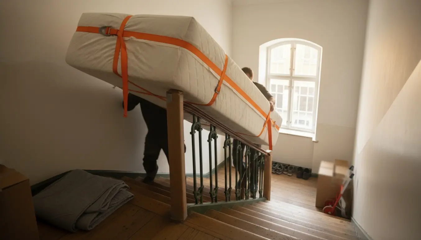 To flyttefolk bærer en 140x200 boxmadras i en københavnsk opgang, ansigter ude af fokus.