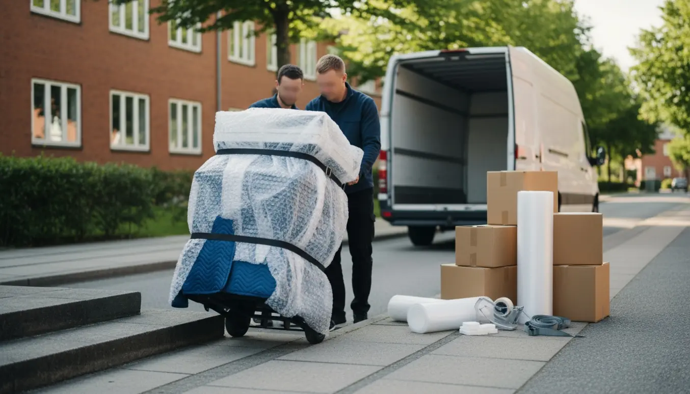 Kontorprinter pakket og sikret på en dolly under flytning fra Gentofte til Hvidovre uden for en lejlighed.