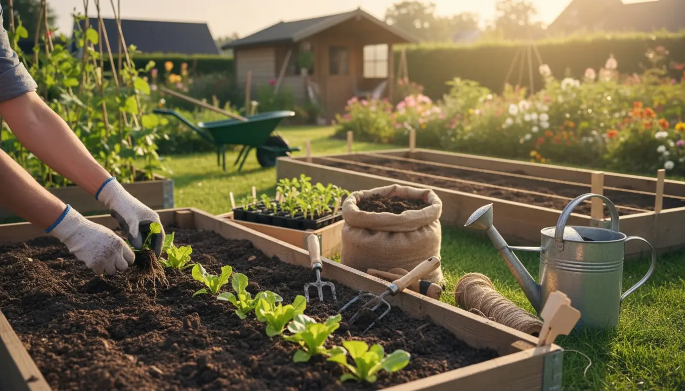 Hænder i havehandsker luger og anlægger et højbede i en kolonihave ved solopgang.