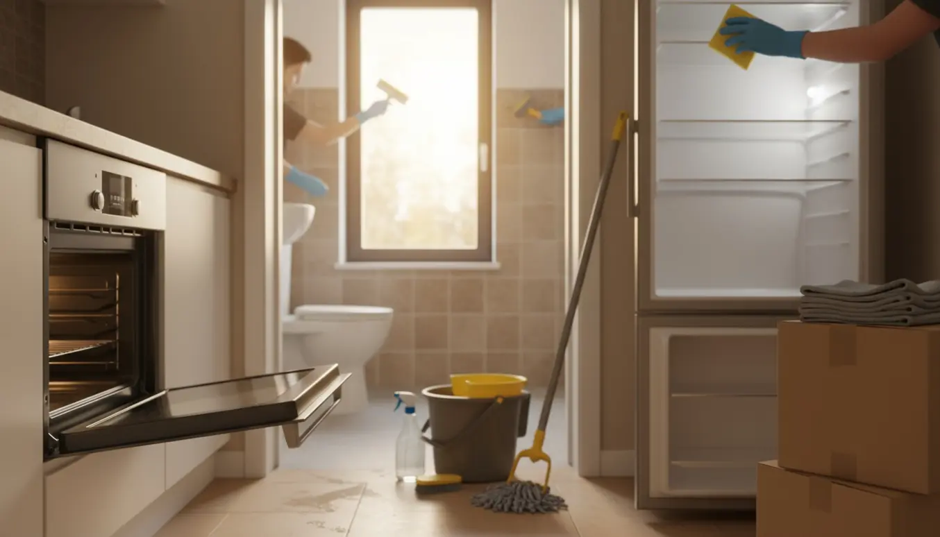 Flytterengøring i en lys, tom lejlighed med handsker, svampe, åben ovn og køleskab og et pletfrit vindue.