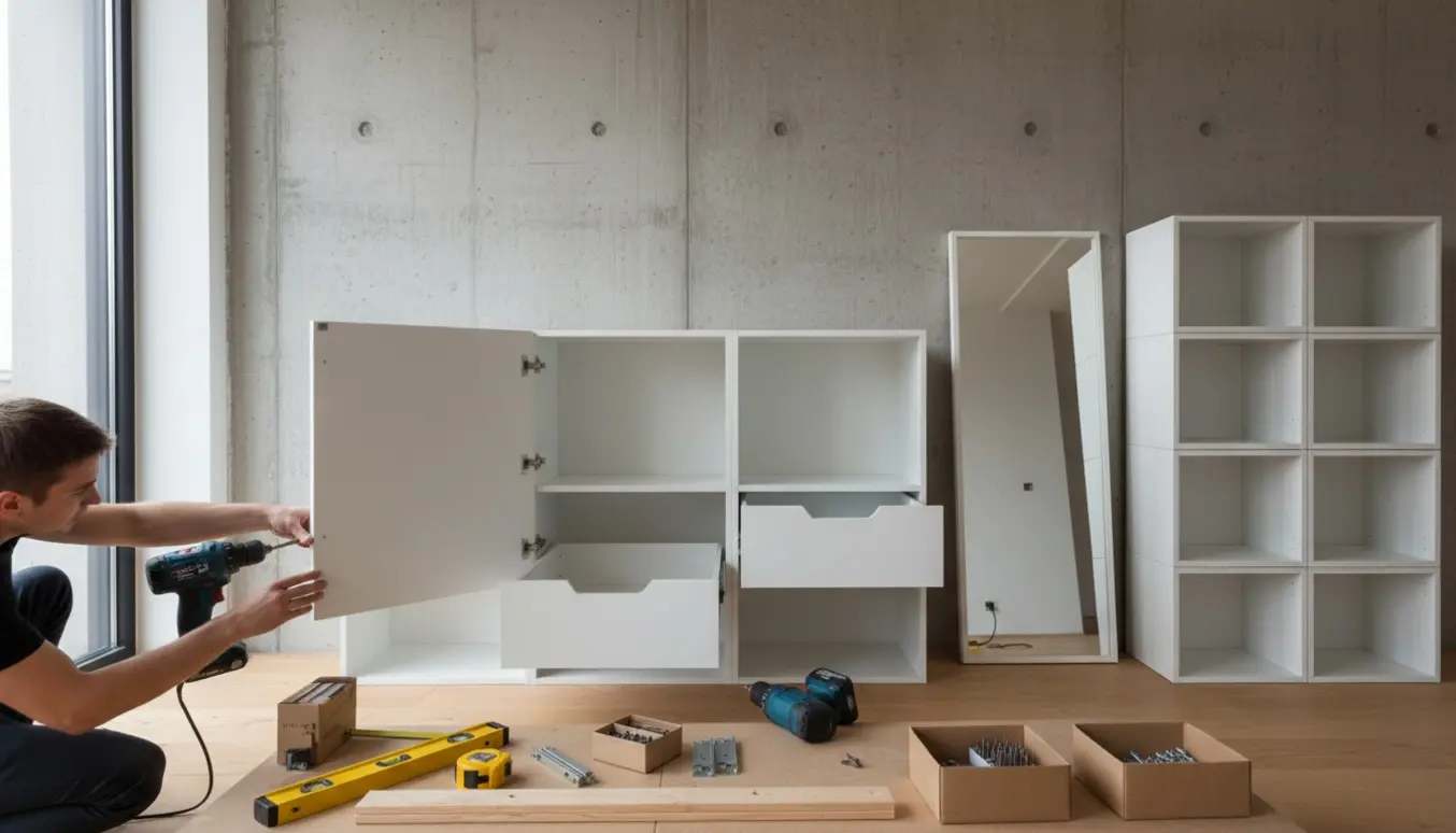 To par hænder monterer låger og skuffer på en hvid IKEA Besta-reol foran en rå betonvæg med værktøj og spejl ved siden af.