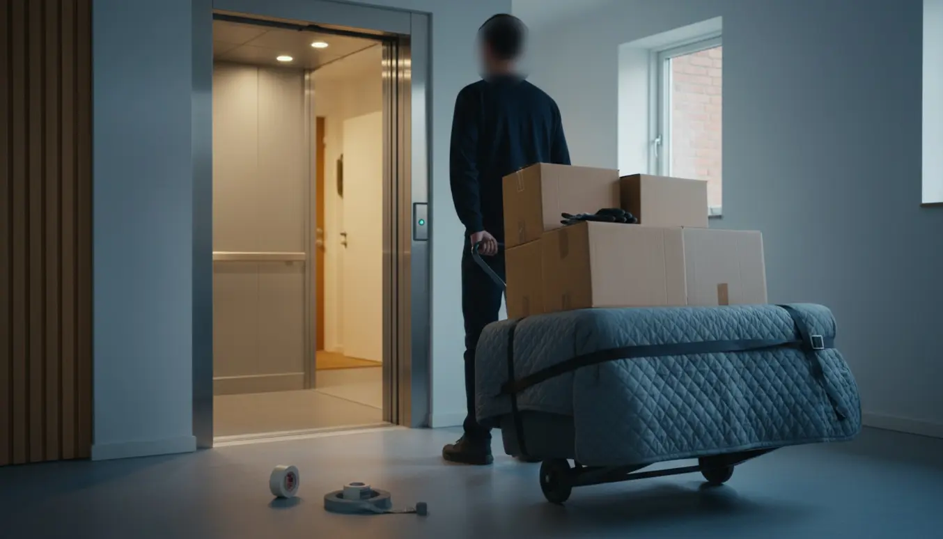 En enlig person trækker flyttekasser og en indpakket 2-personers sofa ind i elevatoren på vej til 2. sal.