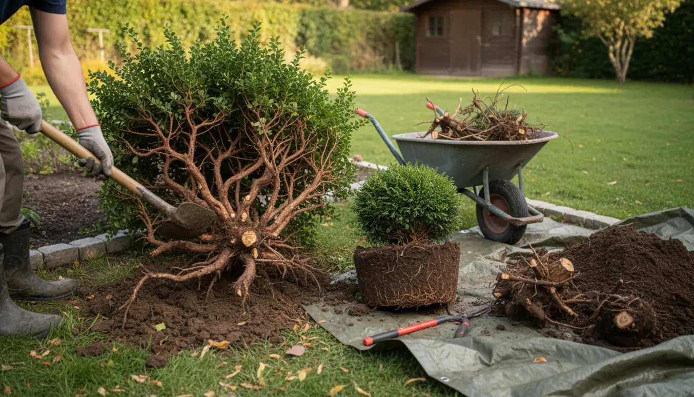 Udgravning af en gammel berberis og en lav thuja i en have med rødder og haveredskaber klar til bortkørsel.