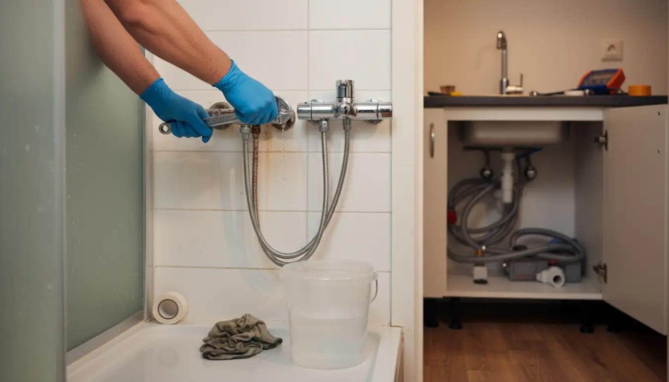 Nærbillede af en håndværker, der udskifter et chrome brusebatteri i en lejlighed, med køkkenets vandtilslutninger i baggrunden.