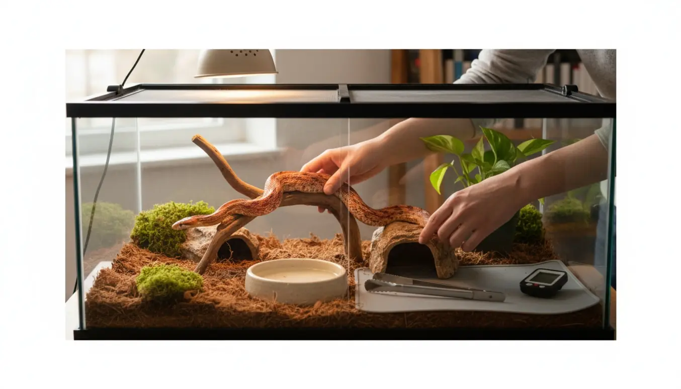 Hænder plejer en kæleslange i et lyst terrarium med varmelampe og vandskål.