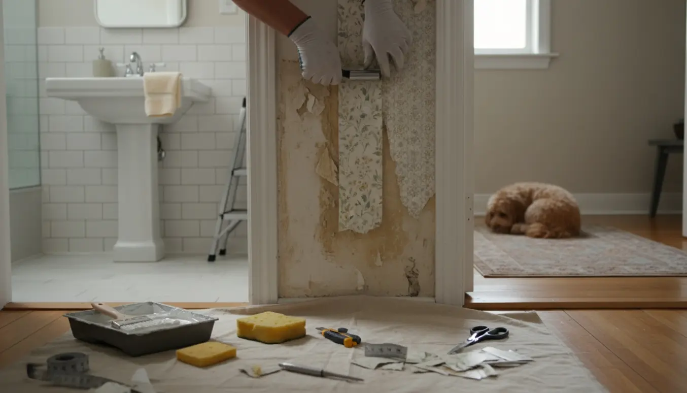 Nærbillede af reparation af revnet tapet ved entre og badeværelse med værktøj og en sløret hund i baggrunden.