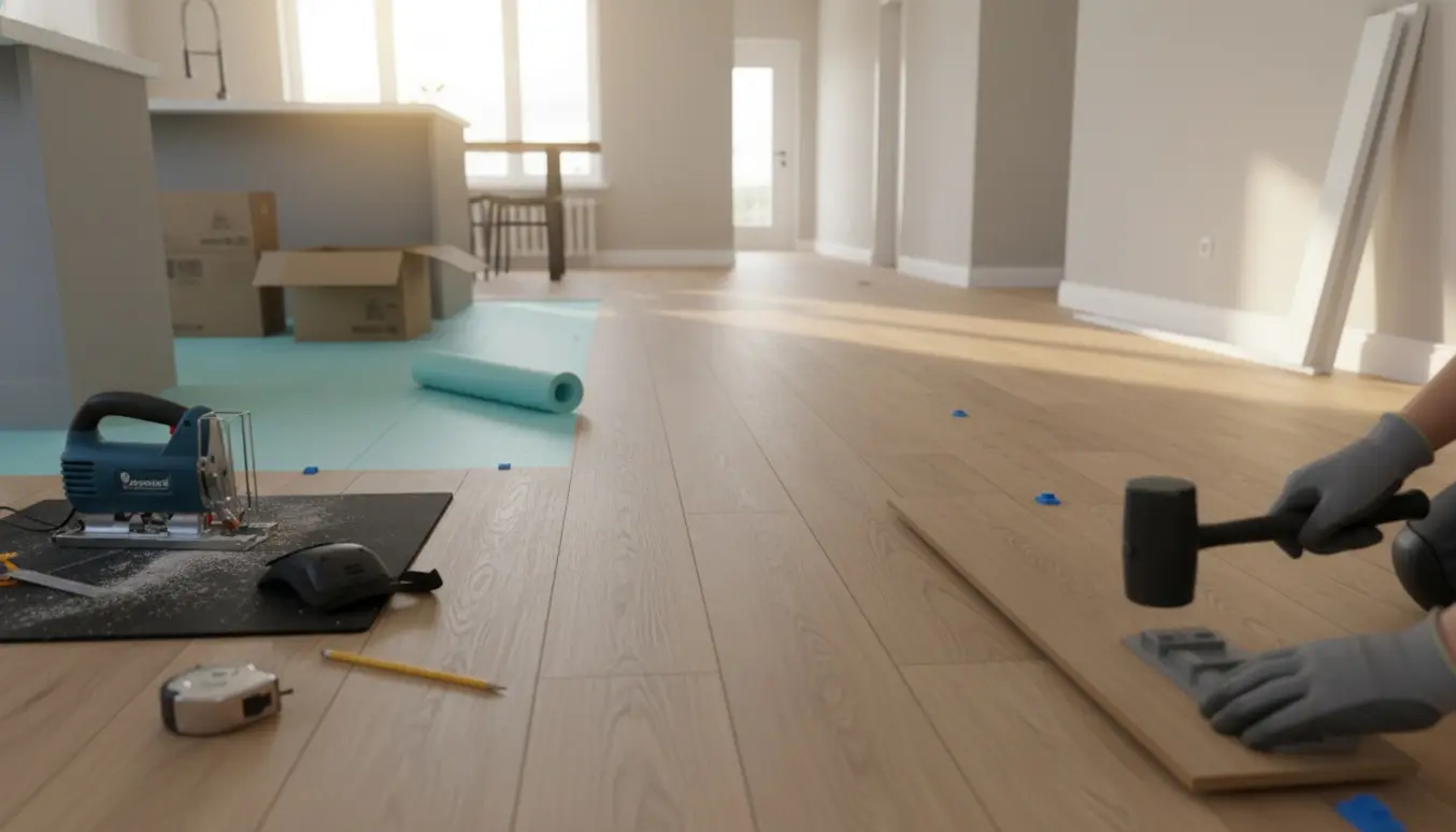 Lægning af laminatgulv i et lyst, åbent hjem med værktøj og delvist lagt klikgulv.