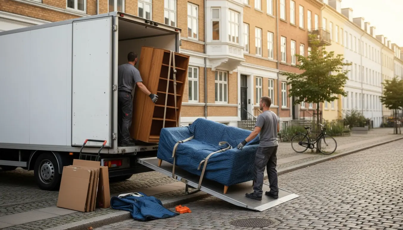 To flyttemænd læsser en bogreol og sofa ind i en stor hvid flyttebil foran en københavnsk ejendom i aftenslys.