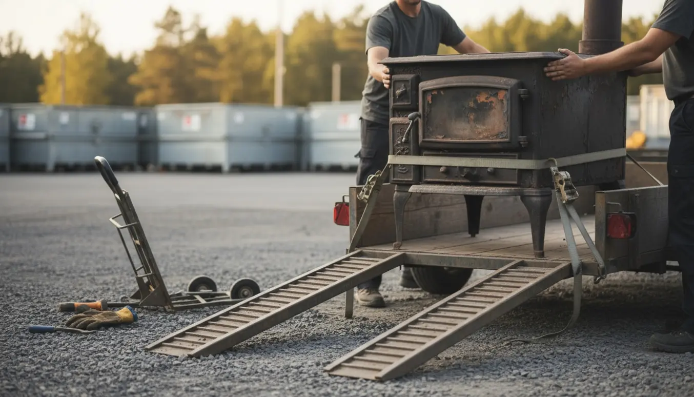 En gammel støbejernsbrændeovn sikret på en trailer ved en genbrugsplads, klar til bortkørsel.