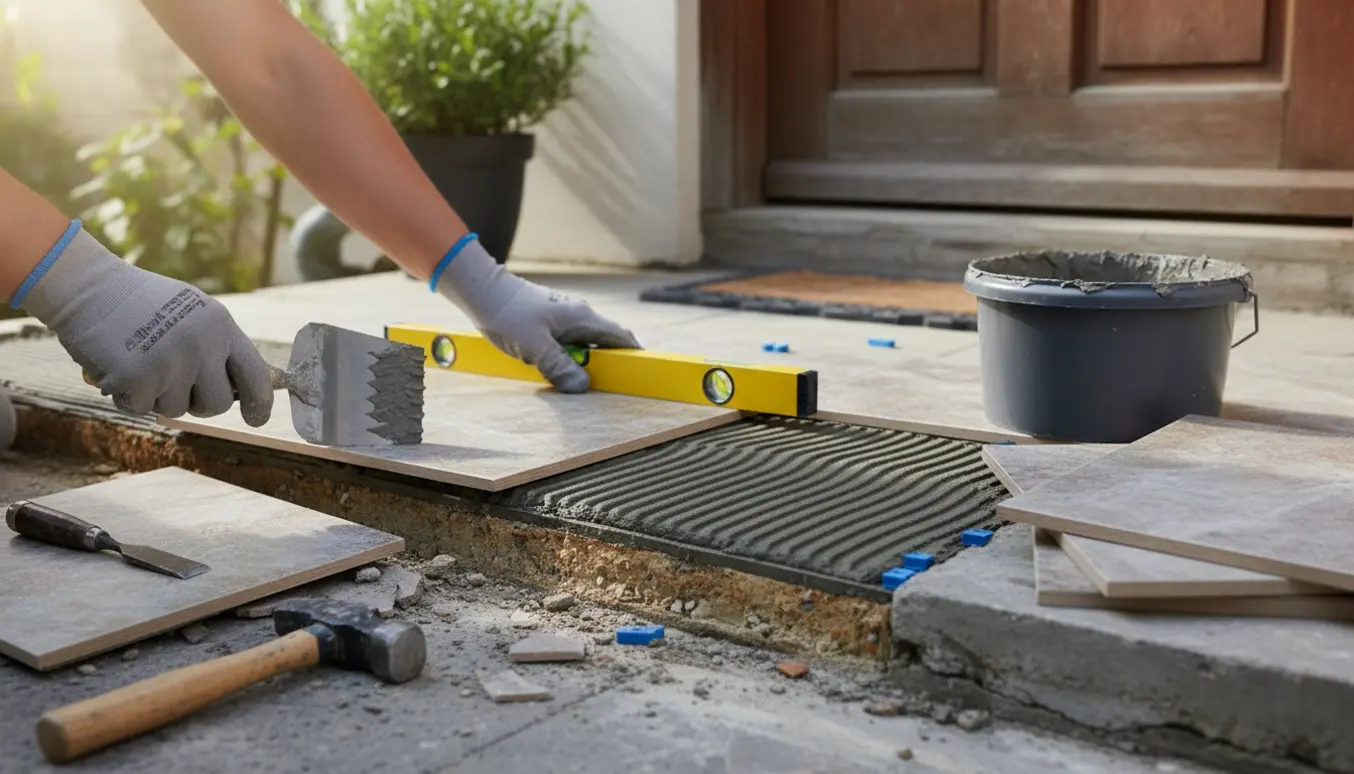 Nærbillede af hænder, der sætter en ny flise på en udetrappe med fliseklæber og værktøj.