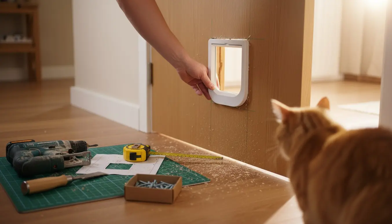 Installation af kattelem i trædør med værktøj og savspåner, katten ser væk.