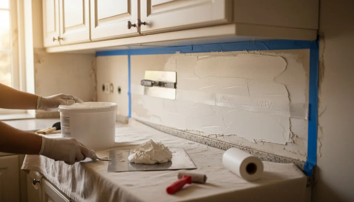 Nærbillede af køkkenvæg mellem bordplade og overskabe, hvor hænder påfører puds og opsætter væv efter nedtagning af fliser.