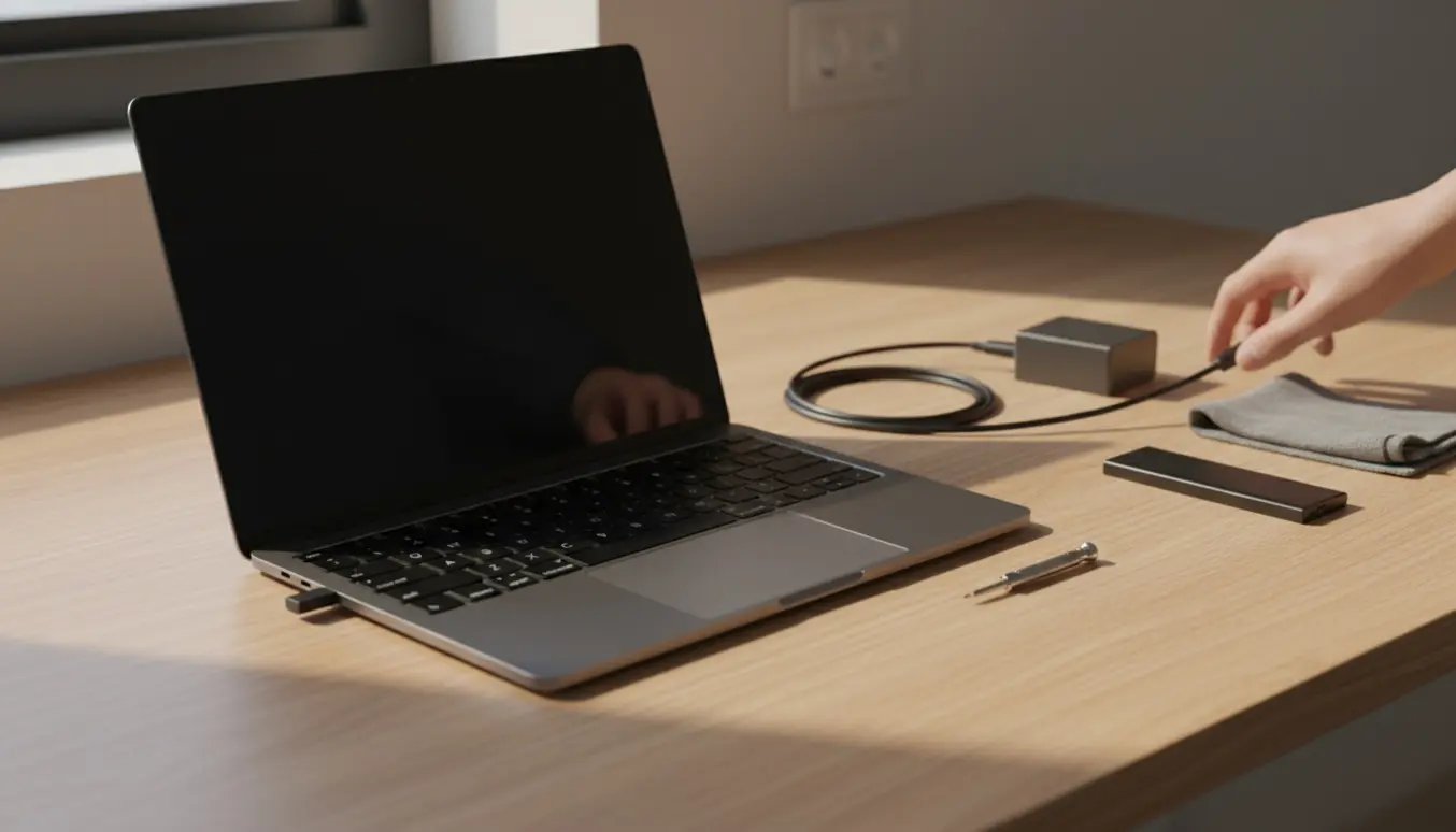 En bærbar pc med sort skærm på et skrivebord, oplader og batteri ligger afmonteret ved siden af.
