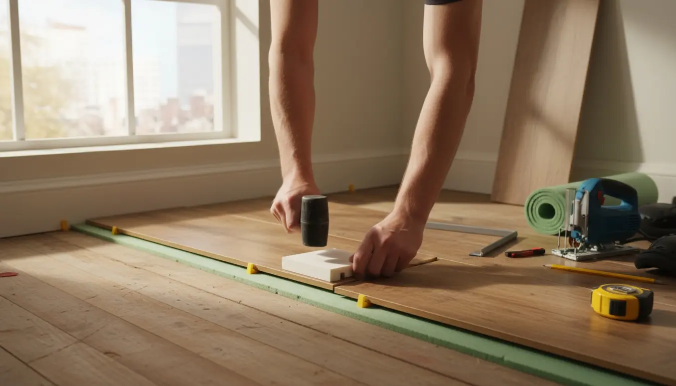 Hænder lægger kliklaminat oven på et trægulv med underlag og værktøj i et lyst, tomt værelse.