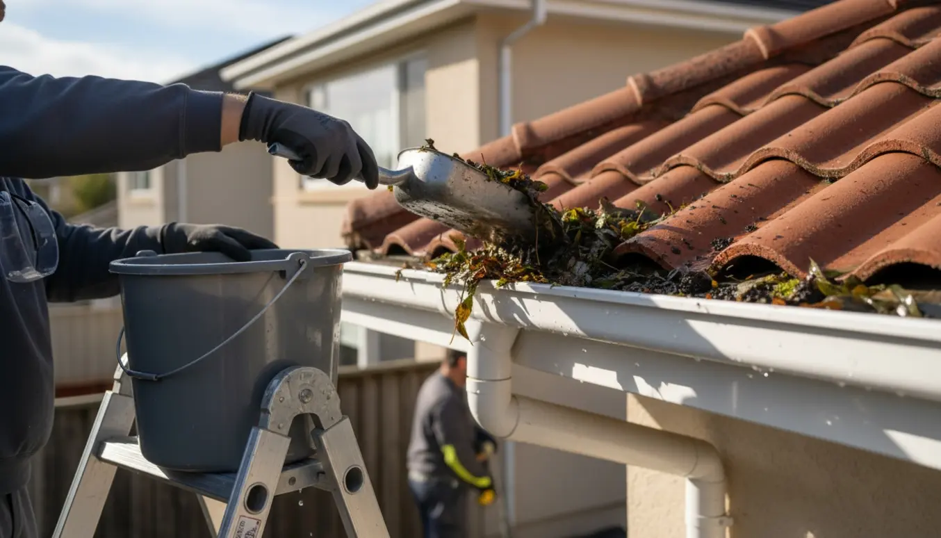 Hænder i handsker fjerner blade og snavs fra en tagrende ved husets tagkant.