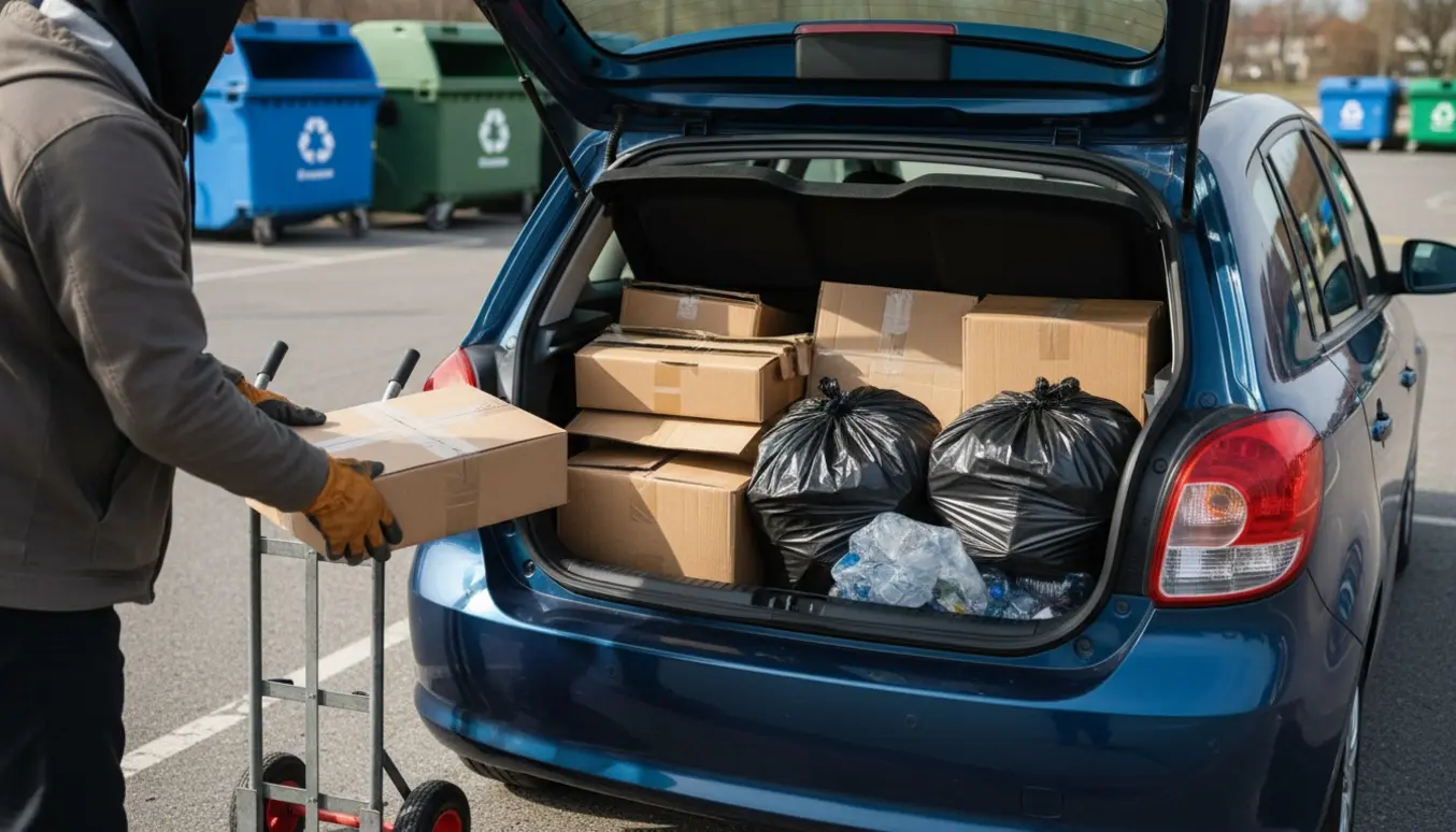 Bagagerum fyldt med papkasser og sække med plastik klar til aflevering på genbrugsstationen.