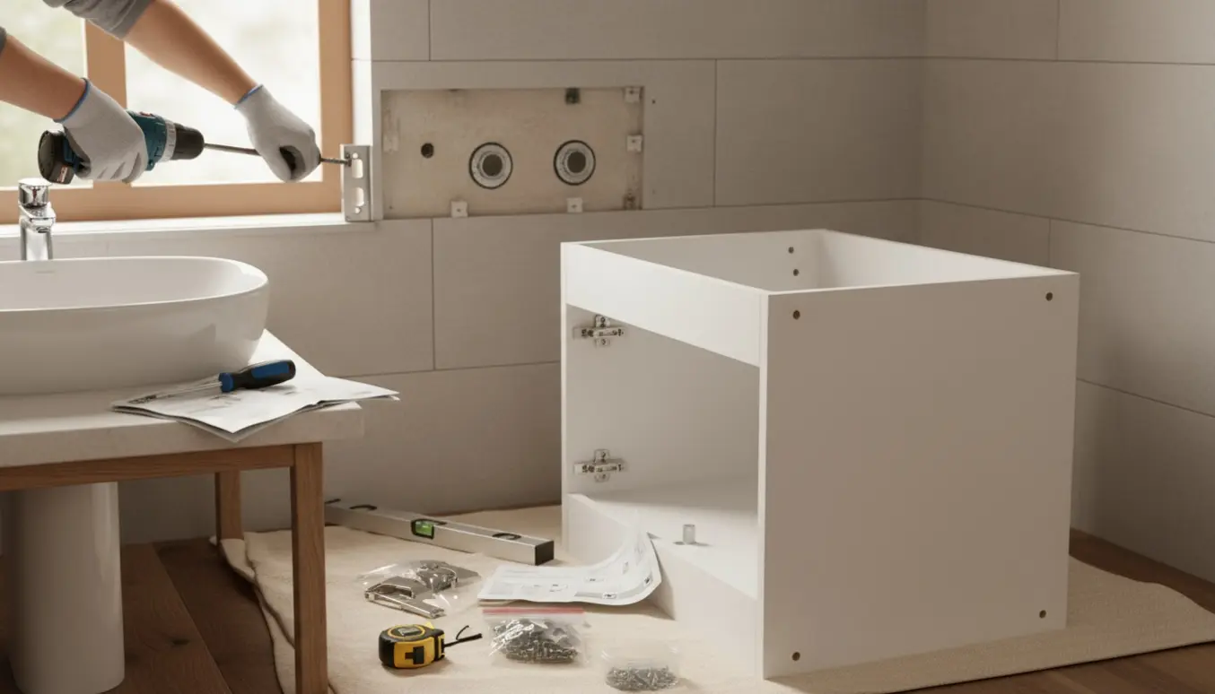 Hænder monterer et nyt fladtpakket badeværelsesskab ved siden af et afmonteret toiletmøbel i et lyst flisebadeværelse.