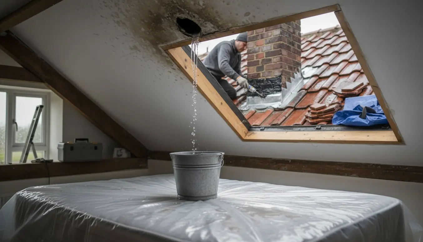 Regn drypper gennem et hul i loftet ved skorstenen ned i en spand på sengen, mens en håndværker reparerer taget.