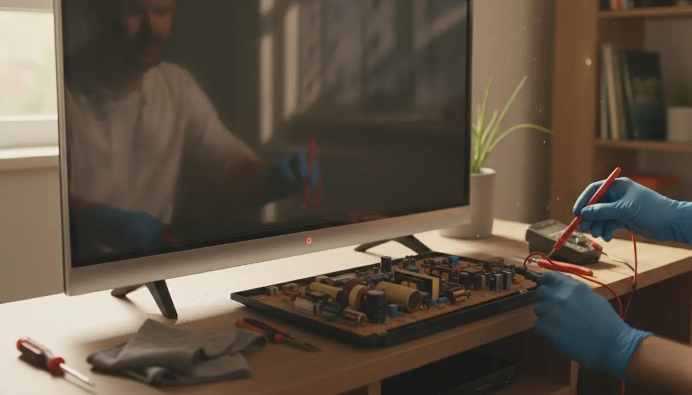 Hænder tester strømkortet på et ældre fladskærms-tv med rødt standby-lys og åbent bagpanel.