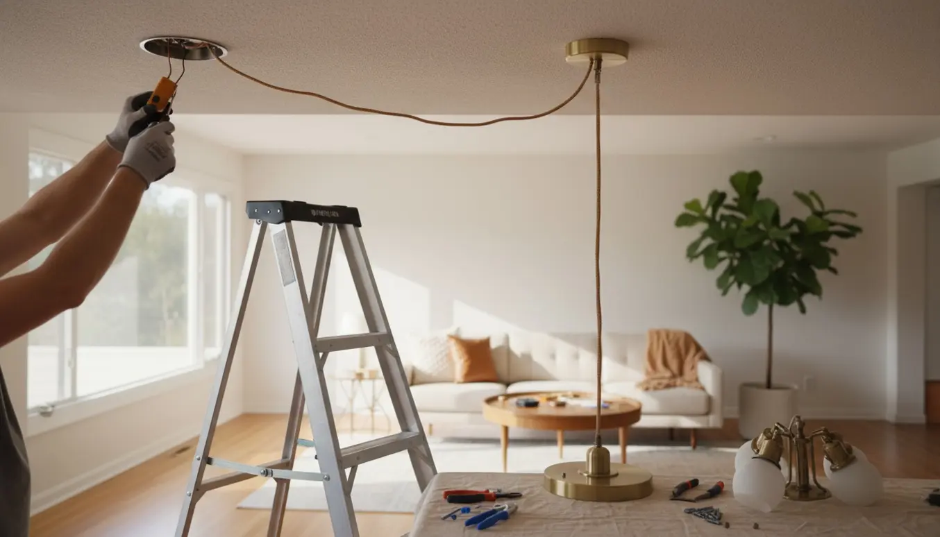 Nærbillede af hænder, der afmonterer og monterer to loftslamper i en lys stue med værktøj og stige.