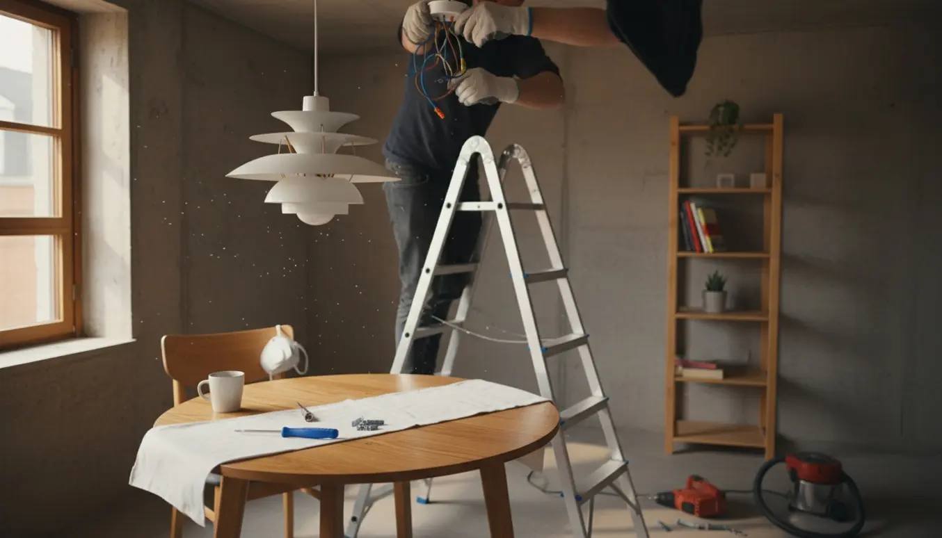 PH-loftlampe hænges op over et spisebord i en kollegielejlighed med betonloft og værktøj.