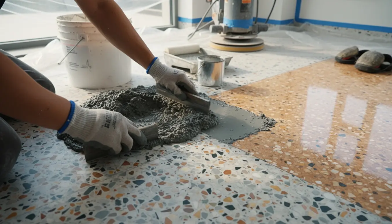Hænder iført arbejdshandsker udlægger og forsegler et terrazzo-gulv med murske, med polermaskine og reparationsområde i baggrunden.