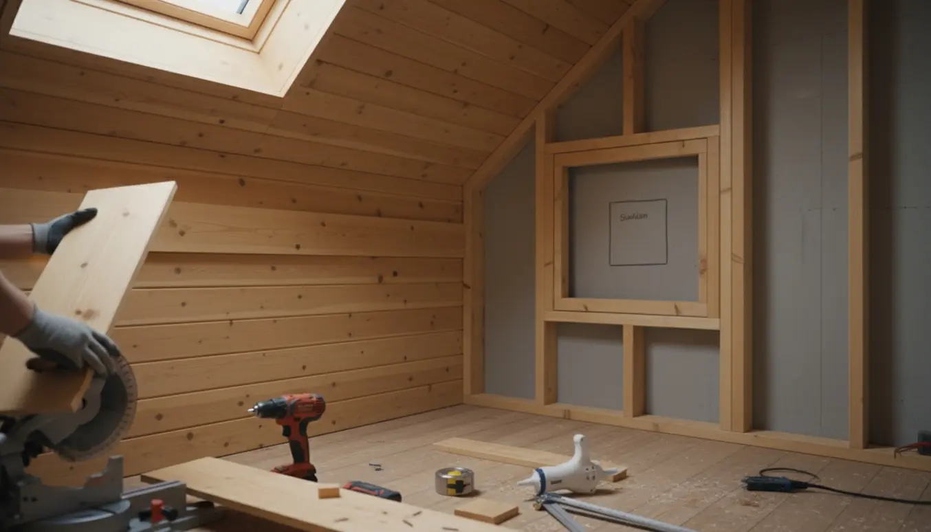 Loftværelse med listetræspanel på vægge og loft under montering, synlige værktøjer og åbning til skunklem.