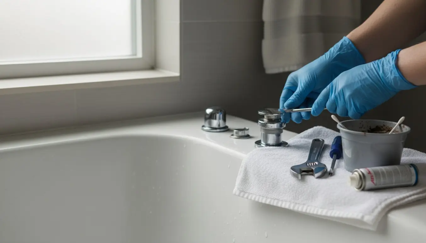 Nærbillede af hænder med værktøj, der forsøger at løsne en fastgjort afløbshætte i et badekar.