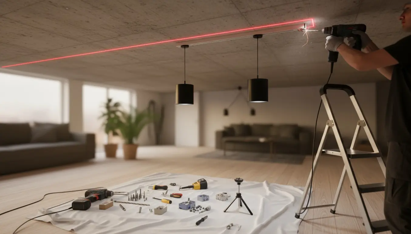 Montering af en 2 m lysskinne i et betonloft med laser, slagbor og to hængende lamper.